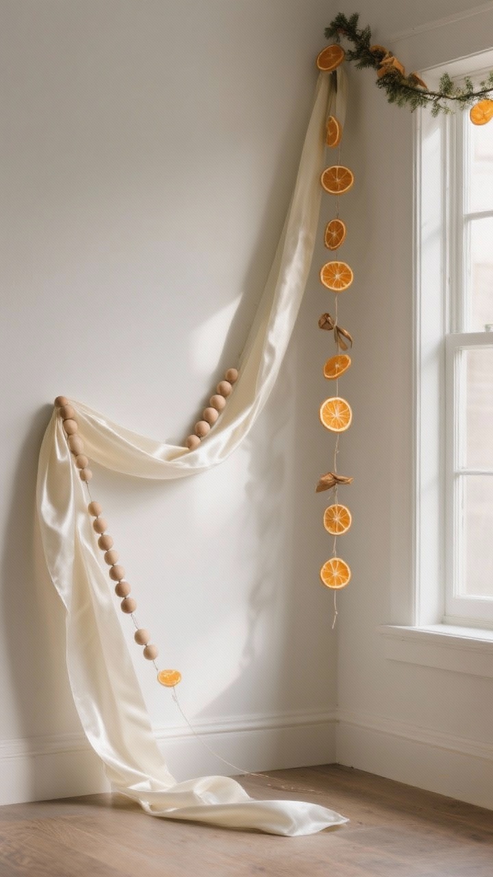 25" satin ivory ribbon, both cut into 2–3 ft lengths that billow and tuck diagonally from high to low with varied spacing. A single wood bead garland with Scandinavian simplicity is draped sparingly; dried orange slice garland hangs lightly in one section for organic warmth (no more than two garlands total). Natural daylight with gentle shadows enhances the textures of velvet, satin, wood, and citrus.