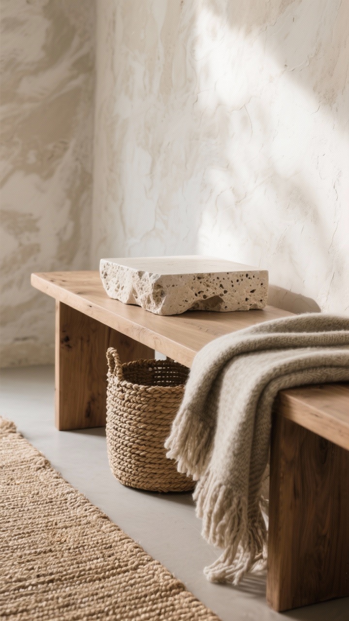 A closeup, detail shot capturing layered textures: a limewash wall with soft, cloudy movement behind a matte natural oak console; a woven jute runner underfoot, with a sisal basket tucked beside; a folded wool throw draped over the edge; tumbled travertine side table surface in frame with subtle pores; all finishes matte or honed; side-lit natural light raking across textures to emphasize tactile contrast between smooth plaster and rough wood.