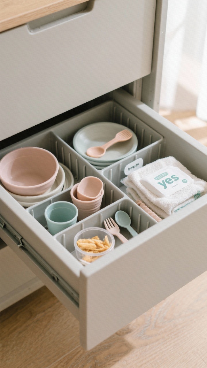 A closeup, overhead shot of a low “yes” drawer pulled open at toddler height, neatly organized with drawer dividers and small bins: silicone bowls, small plates, tiny tumblers, mini forks and spoons, a small silicone spatula, easy-open labeled snack containers, and a folded wipes packet or small towel. Materials look unbreakable and wipeable; labels are simple and clear. Soft natural daylight from the side highlights tidy compartments and the matte texture of the drawer interior.