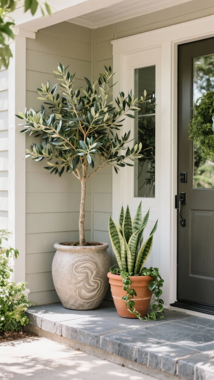 A detail-to-medium corner angle of an entry with thriving greenery: a tall fiberstone planter holding an olive tree beside the door, paired with a medium ceramic pot with a snake plant and a smaller terracotta pot with a trailing pothos. Mix heights for visual balance. Neutral siding and slate threshold. Gentle, even daylight. Optionally include a high-quality faux stem cluster in a vase for a shaded nook. Focus on leaf texture, pot materials, and relaxed but curated arrangement. No people.