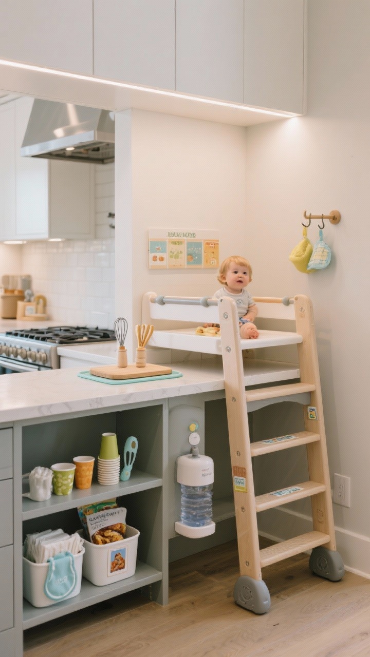 A medium corner-angle view of a dedicated toddler station away from the stove: a compact learning tower with rails and non-slip feet next to a low counter segment with a silicone mat and small cutting board, a petite water dispenser within reach, and mini picture-labeled bins for cups, snacks, napkins, and bibs on a low shelf. Include a tiny whisk and tongs set on the mat and a hook on the side storing the tower. Bright, functional under-cabinet lighting over the station, with the cooking area visibly separate in the background.