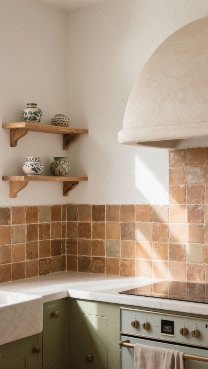 A medium kitchen corner focused on restrained, story-rich tile: earthy-toned zellige backsplash with handmade variation and gentle sheen; simple plaster hood above with smooth curves; warm natural wood open shelves holding a few hand-painted ceramic pieces; tight color palette of two to three tones (clay, warm white, muted olive); morning light glinting softly on the zellige; clean counters, tile used as an accent rather than overwhelming pattern.