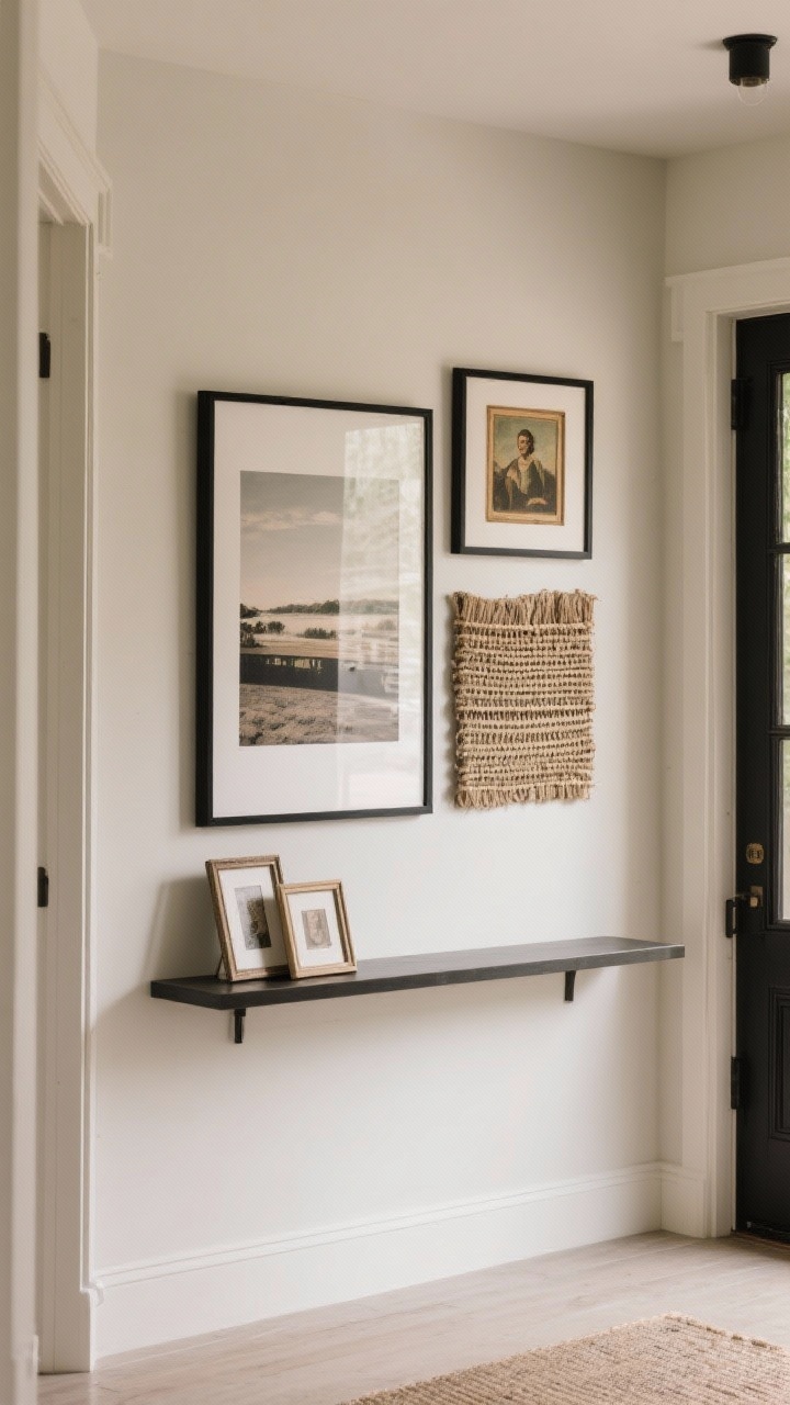 A medium shot of an interior entry wall styled with art: a micro gallery forming a tidy grid above a slim console. Include mixed textures—one large canvas print, a small vintage oil painting, and a woven wall piece—unified by black frames on photos for cohesion. Scale the largest art to at least half the console width. A picture ledge holds a couple of leaned frames for a layered look. Neutral wall color, soft ambient lighting that flatters artwork. No people.