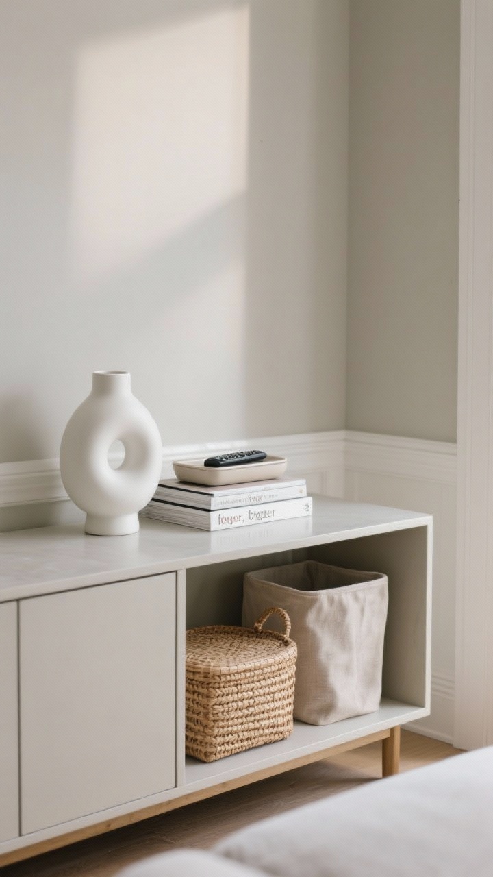 A medium, straight-on shot of a freshly edited living room vignette: a clean-lined console with clutter removed, styled with only three items—a single large sculptural ceramic statement vase in matte white, a substantial art book stack, and a sleek lidded tray holding one remote. Nearby, a lidded rattan basket tucked under the console and a fabric bin inside a cabinet subtly visible. Neutral greige wall, warm white trim, soft natural daylight; the overall look is “fewer, bigger, better,” with clear surfaces and no excess knickknacks.