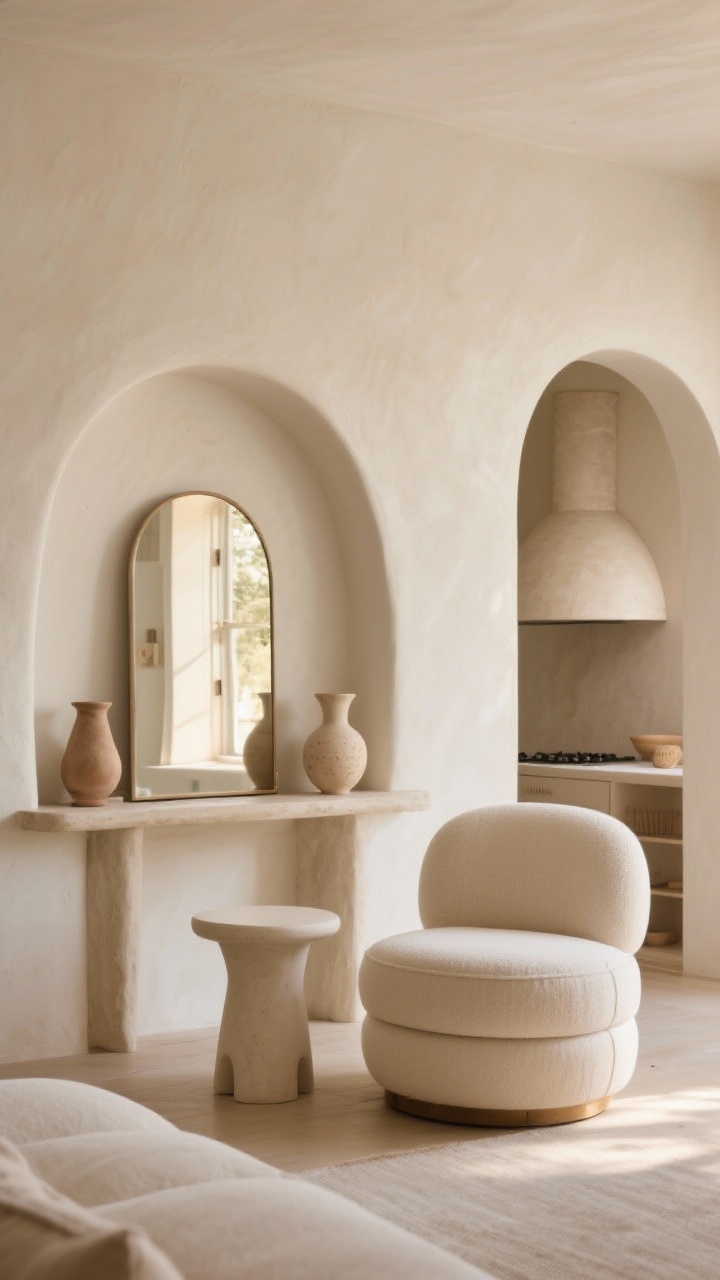 A medium, straight-on shot of a living room vignette emphasizing soft curves: an arched wall niche with plaster finish holds sculptural pottery; below, a console topped with a large arched mirror reflects warm natural light; a rounded linen barrel chair pairs with a curved-edge plaster side table; include a subtle rounded plaster range hood visible through an adjacent arched doorway; palette of warm whites and sandy beige; soft, diffused golden-hour lighting to create a gentle sculptural glow; matte finishes throughout.