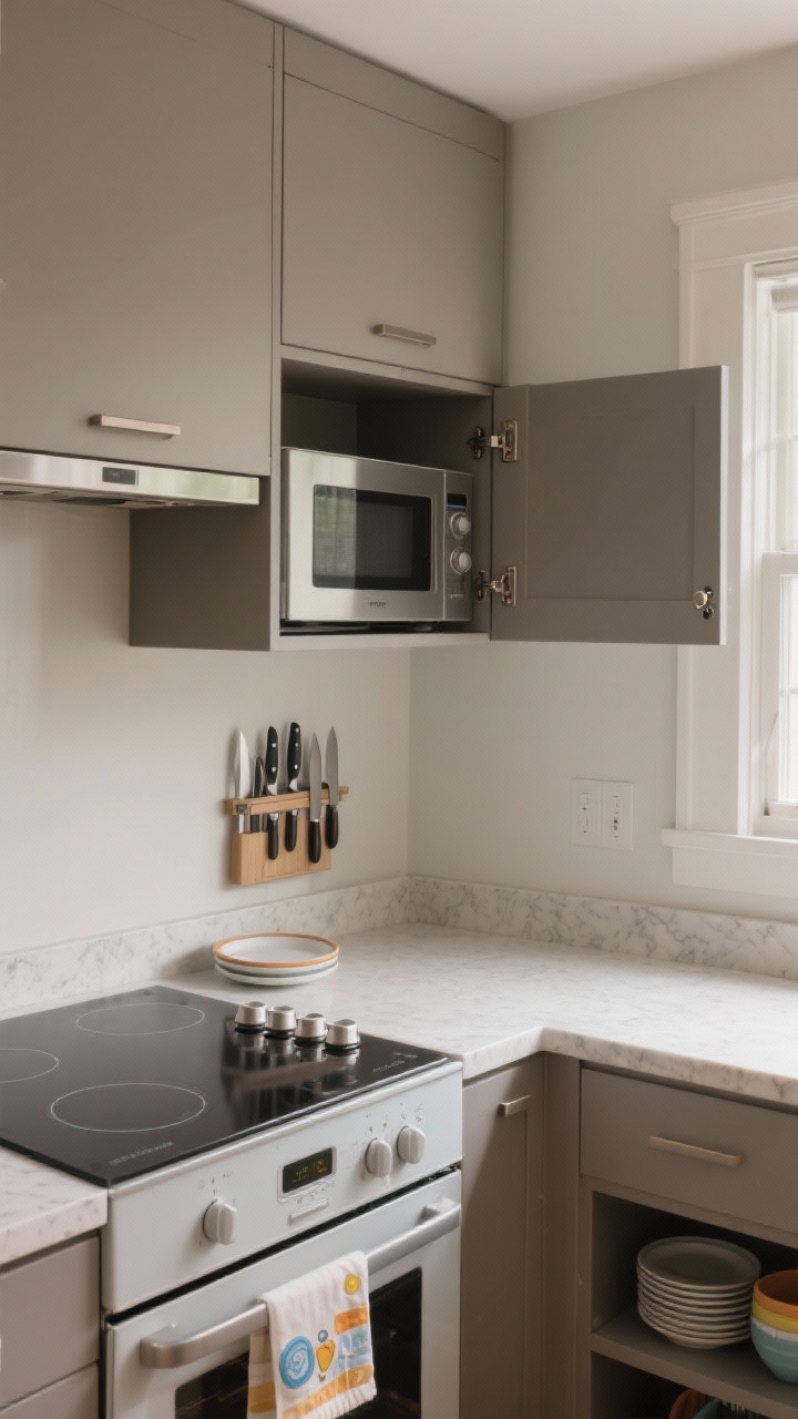 A medium, straight-on shot of a modern family kitchen corner styled for safety: matte-finish cabinet fronts with hidden magnetic locks engaged, an induction cooktop with clear stove knob covers and the knobs removed on a small dish nearby, an oven door guard in place, and subtle appliance safety straps securing a compact microwave on a shelf. Show knives moved to a high, latched drawer and a wall-mounted magnetic knife strip far above adult shoulder height. Swap lower shelves to melamine and silicone dishes. Include soft-close hinge hardware visible on an open cabinet door. Palette: mid-tone wall paint that hides fingerprints, matte cabinetry in warm gray, quartz countertop, natural light for a calm, intentional look.