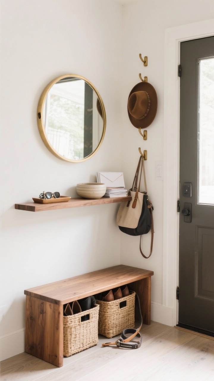 A medium, straight-on view of an interior entry drop zone that looks styled, not cluttered: a narrow wood console with a round mirror above it reflecting light, a brass-and-wood row of wall hooks to the side holding a hat and bag, and a slim bench with two closed lidded baskets underneath for shoes and leashes. On the console, a small tray corrals keys and sunglasses; a neat mail stack sits beside a minimal ceramic bowl. Soft, bright natural lighting. Calm, intentional surfaces; no people.