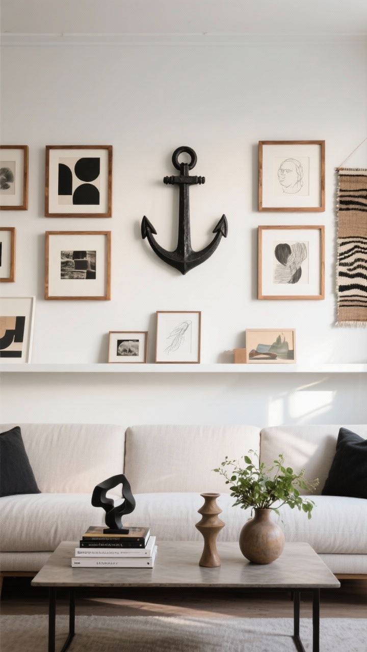 A straight-on medium shot of a curated gallery wall above a sofa: one large anchor piece centered, surrounded by smaller frames; consistent frames in oak and black unify photography, abstract prints, a pencil sketch, and one wild-card textile piece. Below, a ledge shelf with leaned art for rental-friendly flexibility. On the coffee table, a styled trio—neat book stack, a sculptural object, and a small vase with greenery. Soft, even daylight with gentle highlights on frame edges.
