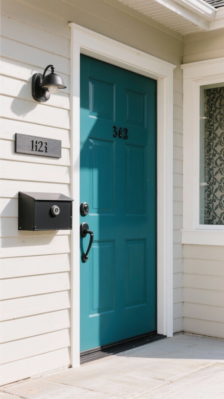 A straight-on, medium shot of a freshly painted front door in deep teal with satin sheen, contrasted against neutral siding. Emphasize hardware: a modern matte black handle set, bold horizontal house numbers on a plaque, and a coordinated matte black doorbell and mailbox for a custom feel. Subtle daylight with crisp shadows. Optional single accent of board-and-batten paneling on the adjacent wall or a glimpse of patterned wallpaper inside. Clean, elevated, and photorealistic. No people.