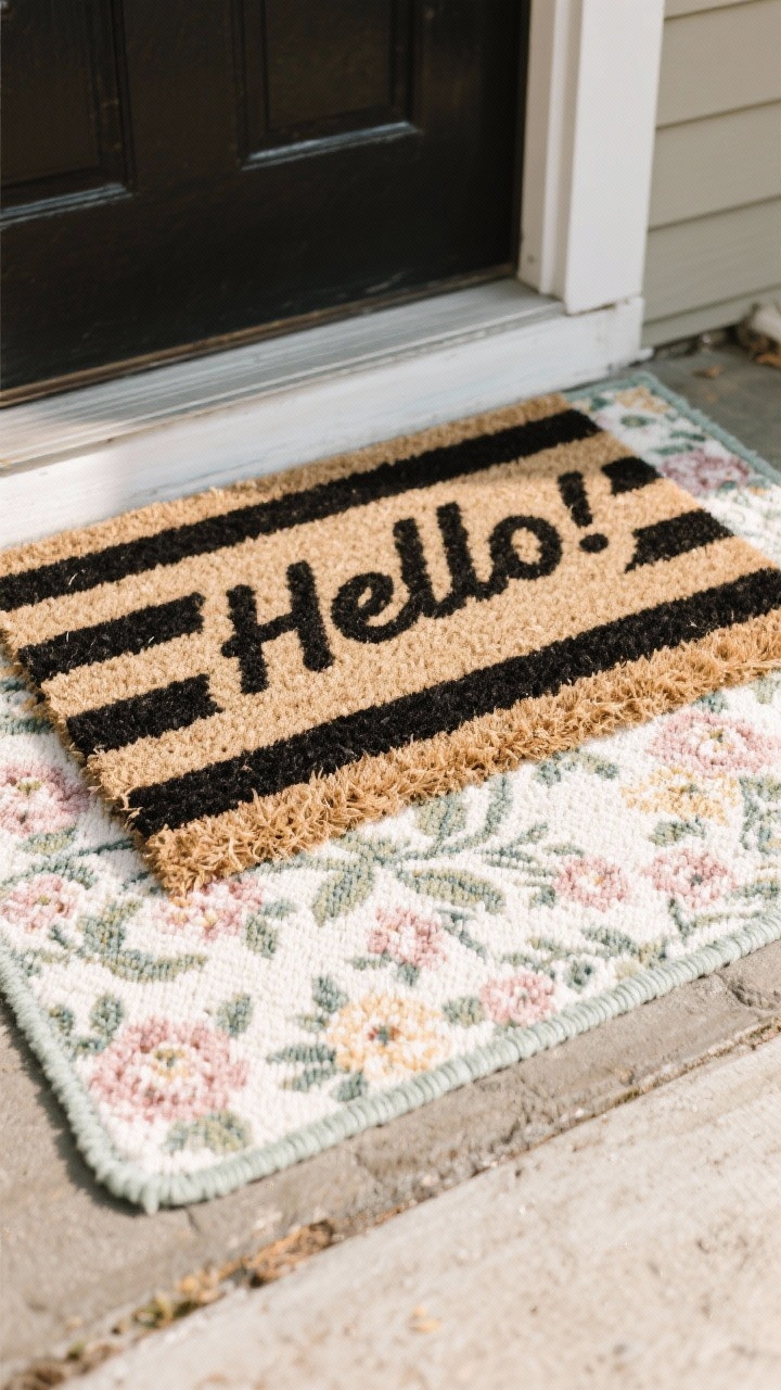 A straight-on, medium shot of a front doorstep showcasing a bold, washable statement doormat layered over a 2x3 outdoor rug. The top mat features graphic black-and-cream stripes with a playful “Hello” phrase; the bottom layer is a muted spring floral pattern peeking around the edges. Emphasize textures: scrubby coir fibers on the mat, woven polypropylene underlayer. Subtle natural daylight. Include nearby neutral siding and a simple threshold to keep focus on the layered mats. No people.