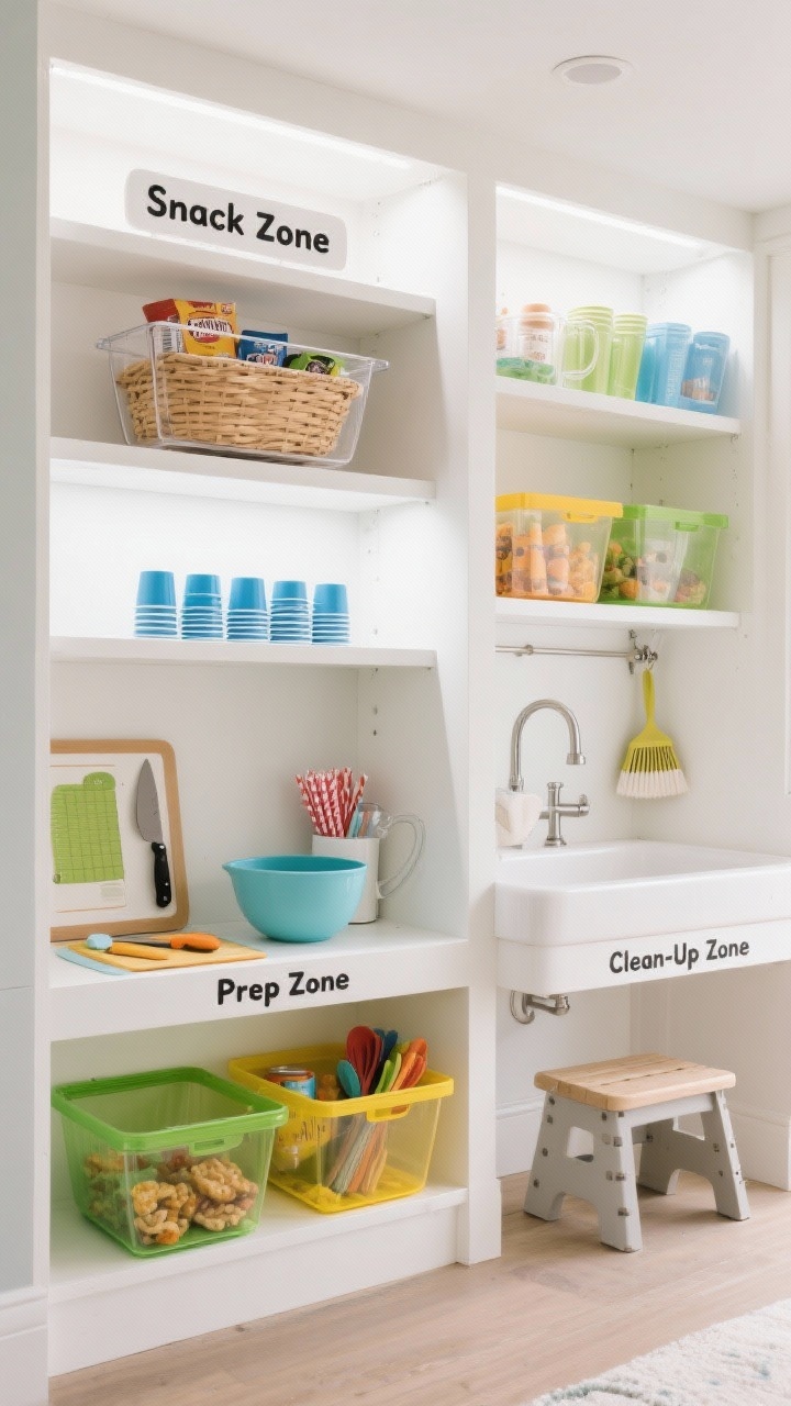 A straight-on medium shot of organized zones with clear labels: pantry shelf with a single “Snack Zone” basket of parent-approved items, a “Drink Zone” at toddler height with cups, straws, and a small pitcher, a “Prep Zone” low shelf with a kid-safe knife, cutting mat, and mixing bowl, and a “Clean-Up Zone” featuring a small dustpan, towel hook, and a step stool near the sink. Use picture labels for pre-readers and color-coded transparent bins (blue=cups, green=snacks, yellow=utensils). Clean, bright task lighting for a crisp, orderly feel.