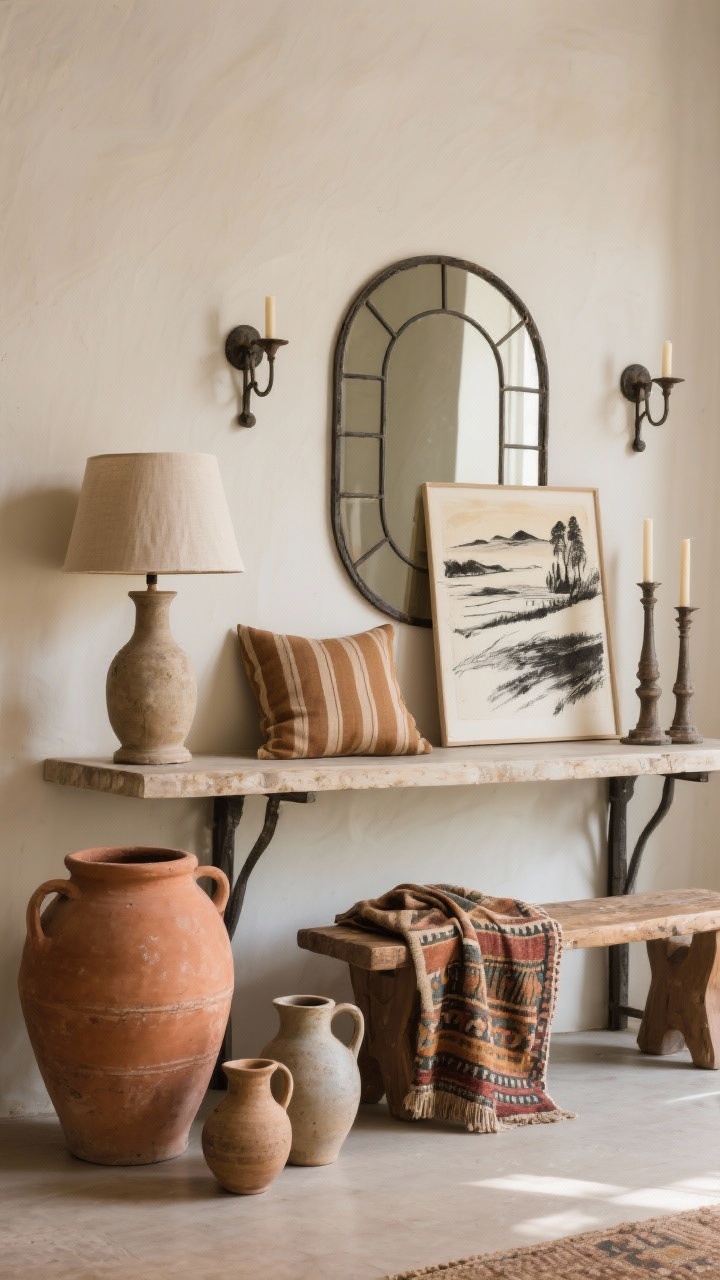 A styled console vignette, straight-on medium shot with layered decor and patina: oversized terracotta urn on the floor, smaller ceramic pitchers and a pottery lamp with a linen shade atop the console; iron-framed mirror and simple iron candle sconces flanking it; textiles include a striped, earth-toned pillow and a folded vintage kilim draped over a bench; art with soul—an abstract landscape and a charcoal sketch—leaning casually; grouped in threes with varied heights and plenty of negative space; warm, gentle daylight.