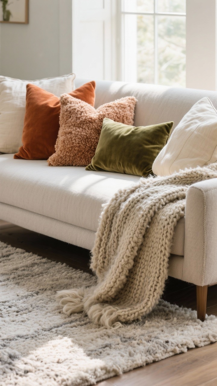 A tight detail closeup of textiles on a sofa and rug: a nubby wool-blend rug in a light neutral greige, velvet and boucle pillows in muted terracotta, olive, and cream mixed with breathable linen covers; a chunky knit or faux mohair throw casually draped over the arm. Natural window light rakes across the textures, highlighting weave, pile, and the interplay of matte and plush finishes.