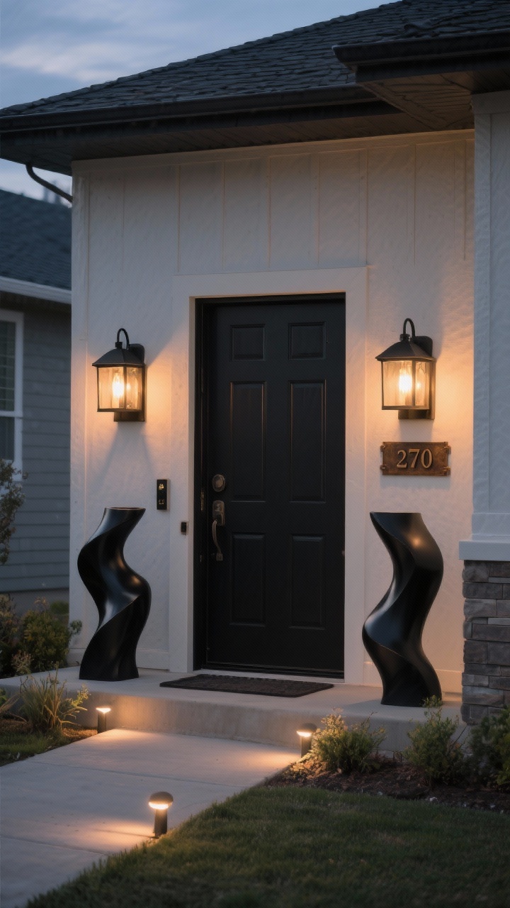 A twilight wide shot of a front entry with upgraded lighting: two sculptural matte black lantern sconces flanking the door, warm bulbs at 2700–3000K casting a welcoming glow. Low-voltage path lights guide a short walkway and highlight minimal landscaping. Add a smart bulb routine vibe with lights softly brightening as if on a schedule. Include a dimmable motion-sensor fixture detail on one sconce. Finishes mix: matte black fixtures with aged bronze house number plaque for contrast. No people.