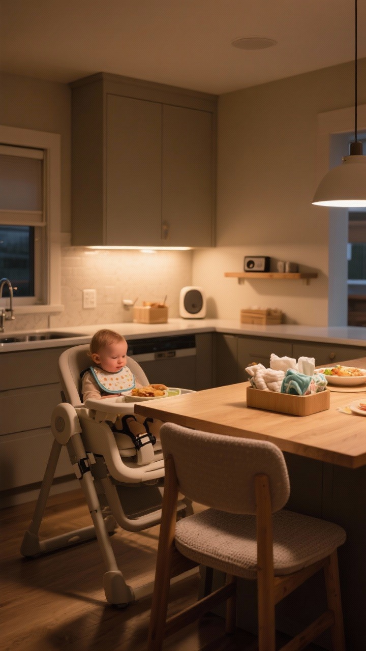 A warm, evening wide shot of the dining nook and island seating arranged for calm mealtimes: a clip-on/strap-in high chair pulled to the counter alongside a convertible booster at the table, both with non-slip chair pads. Lighting is dimmable and warm; under-cabinet lights softly illuminate work zones without glare. A small caddy on the table holds washcloths, bibs, and wipes. Optional compact speaker on a shelf implies soft music/white noise. Colors are cozy and muted, with gentle shadows enhancing a serene atmosphere.