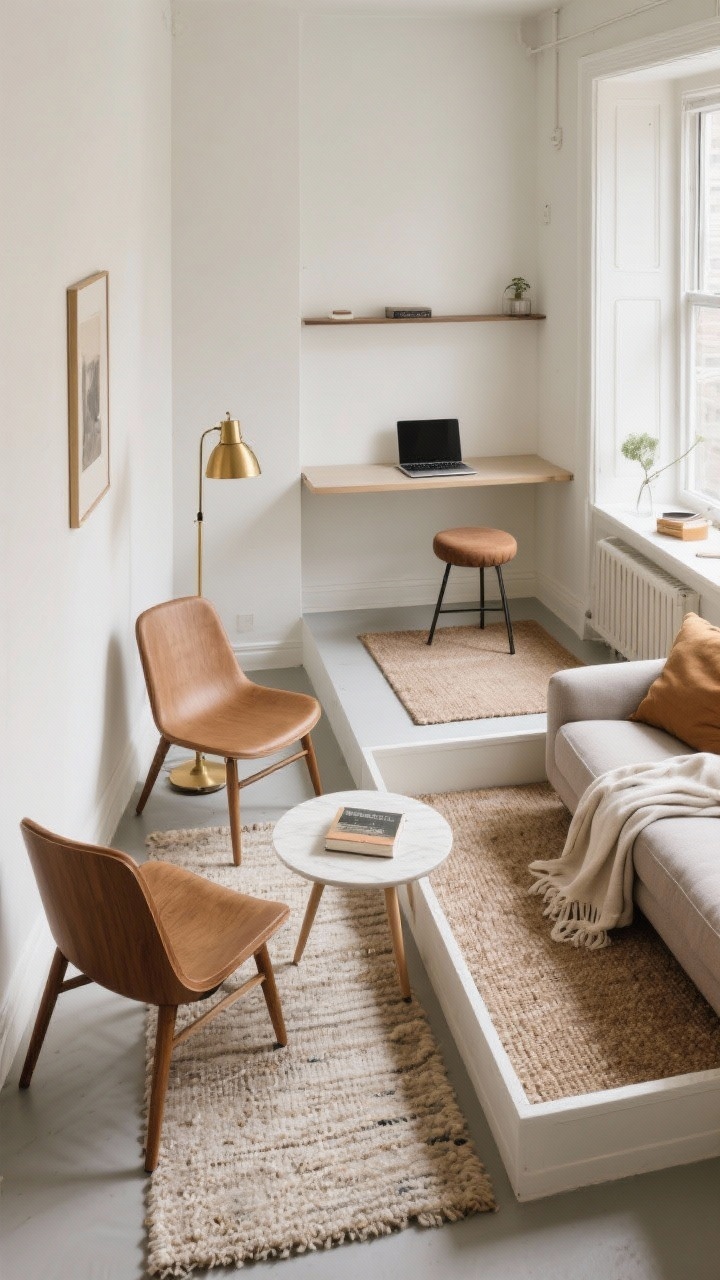 A wide corner-angle shot of a small-space living room divided into cozy zones: a conversation corner with two mid-century accent chairs angled toward each other around a small round table and a brass floor lamp; a reading nook with a comfy chair, ottoman, linen throw, and a slim shelf; a narrow console behind the sofa acting as a mini laptop desk with a simple stool. Each zone anchored by separate rugs—one flatwoven neutral rug under the chairs, a nubby rug under the reading nook. Soft, warm ambient daylight, tidy and functional.