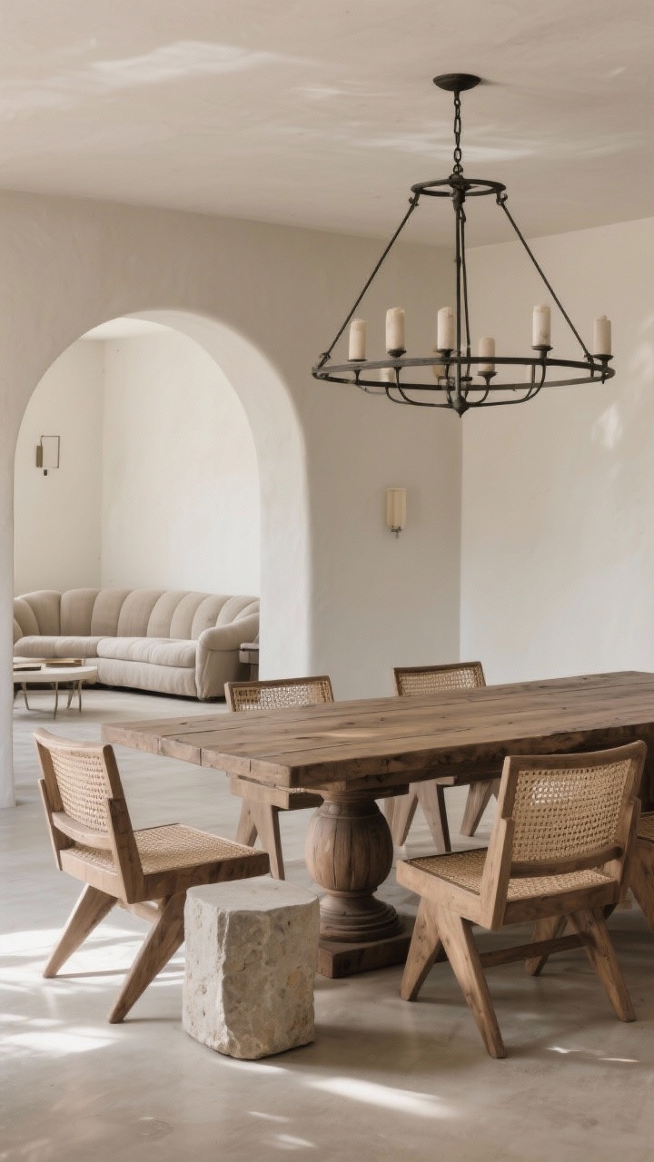 A wide dining area showcasing furniture with quiet drama: a substantial pedestal dining table in rustic wood with a matte finish; airy woven chairs to balance heft; a minimalist stone side table nearby; an iron chandelier overhead with simple lines; in the background, a curvy linen-covered sofa visible through an open arch; neutral, grounded palette with subtle shadows; soft, indirect natural lighting highlighting the form and proportion of classic-yet-updated pieces.