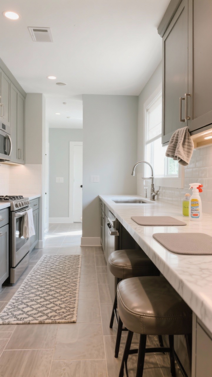 A wide kitchen shot emphasizing mess-proof materials and textures: expansive quartz or solid-surface counters, satin/scrubbable mid-tone wall paint on walls and toe-kicks, matte cabinet fronts, and LVP or sealed tile floors. Add a patterned, machine-washable runner with rubber backing along the galley, wipeable faux-leather counter stools, and silicone placemats suctioned to a peninsula. Natural daylight plus soft ambient lighting creates a practical, stylish mood; include a kid-safe cleaner spray bottle and microfiber cloth peeking from a high cabinet shelf.