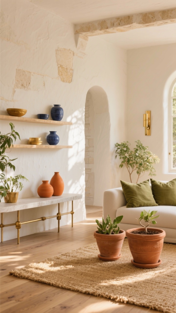A wide shot of a sunlit living space showcasing an earthy neutral palette: warm white, light limestone-toned walls; natural wood floors layered with a wheat-toned jute rug; accents in terracotta planters, olive green linen pillows, and burnished brass hardware on a console; pops of sun-kissed color in burnt ochre and muted cobalt ceramics on shelves; golden late-afternoon light washing across surfaces; no stark whites or cool grays, all tones creamy and warm.