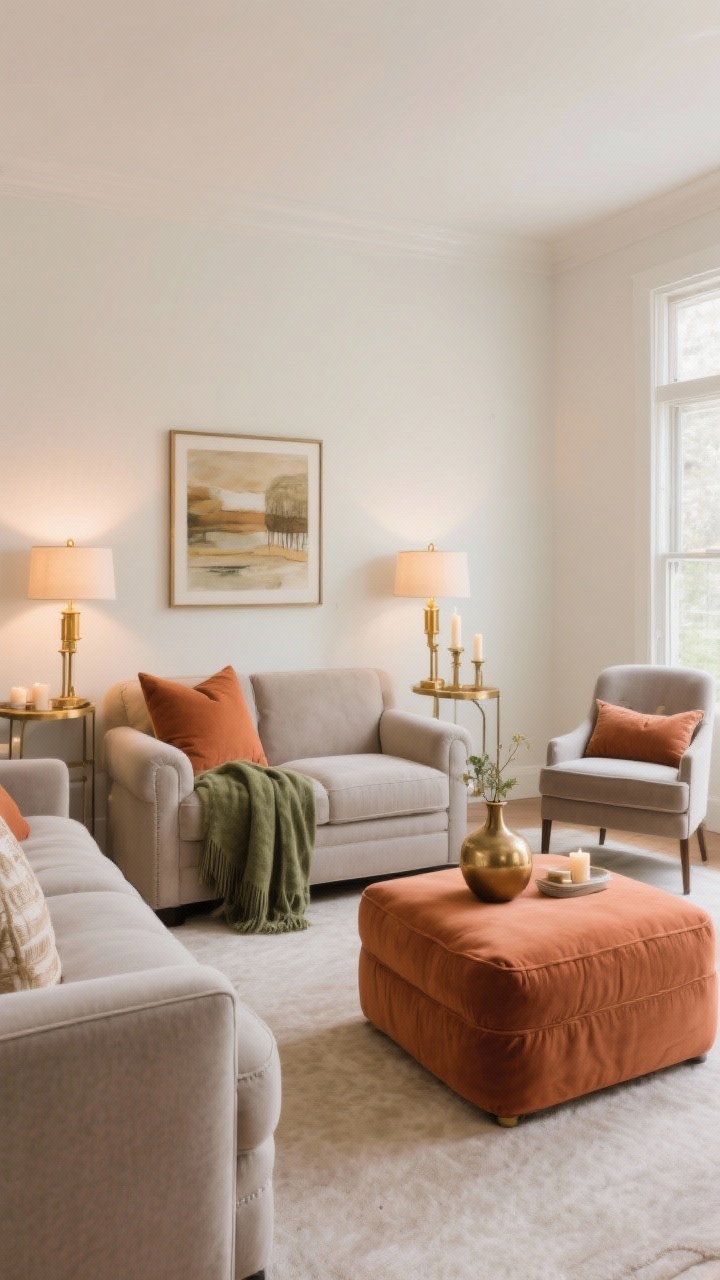 A wide, straight-on living room shot showcasing a cohesive color story: walls in warm white/greige, large furniture in soft taupe; two accent colors repeated—muted terracotta (ottoman and pillow) and olive (throw and small vase). Metal finishes kept consistent in warm brass across lamps and hardware. No fresh paint elsewhere—color introduced through pillows, art, candles, and a single statement accent chair, with hues echoed in 2–3 places for balance under warm, inviting ambient light.