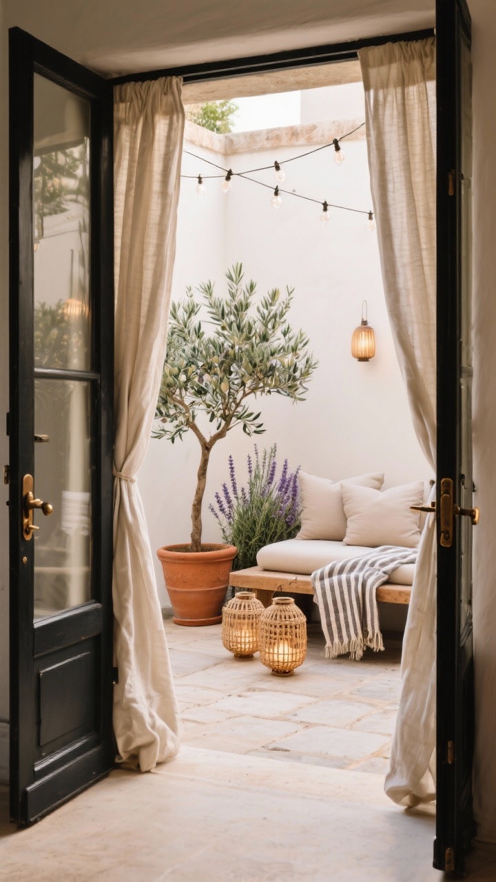 An inviting indoor-outdoor threshold scene, wide corner angle: open doors with black/bronze hardware lead from a calm interior to a small patio; inside, linen drapes billow slightly; terracotta pots with an olive tree, rosemary, and lavender cluster near the doorway; outside, a low-slung seating area with neutral cushions, woven lanterns, and string lights overhead; striped throw on the bench; light is serene and warm, evoking Mediterranean courtyard tranquility; materials feel grounded and connected to earth.