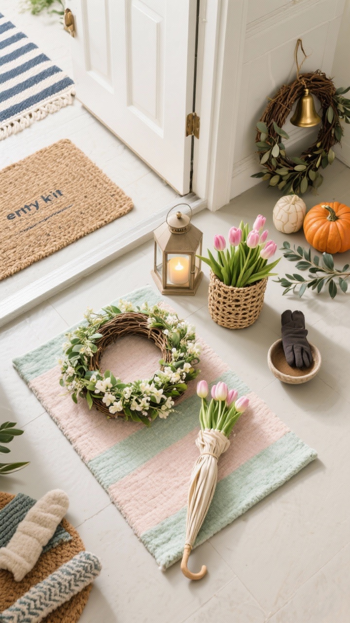 An overhead detail shot of a seasonal swap “entry kit” styled on the threshold: spring vignette with a fresh wreath laying flat, a pastel layer rug sample, a bundled bunch of tulips, and an airy woven umbrella basket; nearby swappable items for other seasons—nautical striped rug layer, woven lantern with LED candle, ceramic pumpkins, eucalyptus/olive wreath, brass bells, cozy doormat, small bowl for gloves. Neutral base palette; natural daylight highlighting textures and colors. No people.