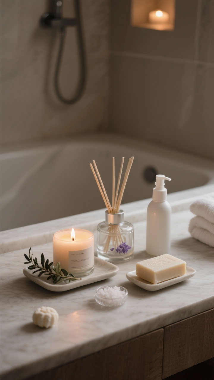 Closeup atmospheric shot focusing on spa scent layers: a single lit candle in clean eucalyptus-lavender or sandalwood notes on a small tray, a minimalist reed diffuser nearby, a clear glass jar of bar soaps and another of bath salts, and a linen spray bottle; hints of warm, low lighting and gentle shadows; subtle shower steamer visible on the shower floor in the background (unlit, resting); avoid clutter and sweet dessert scents; neutral palette, serene mood; no people, photorealistic.