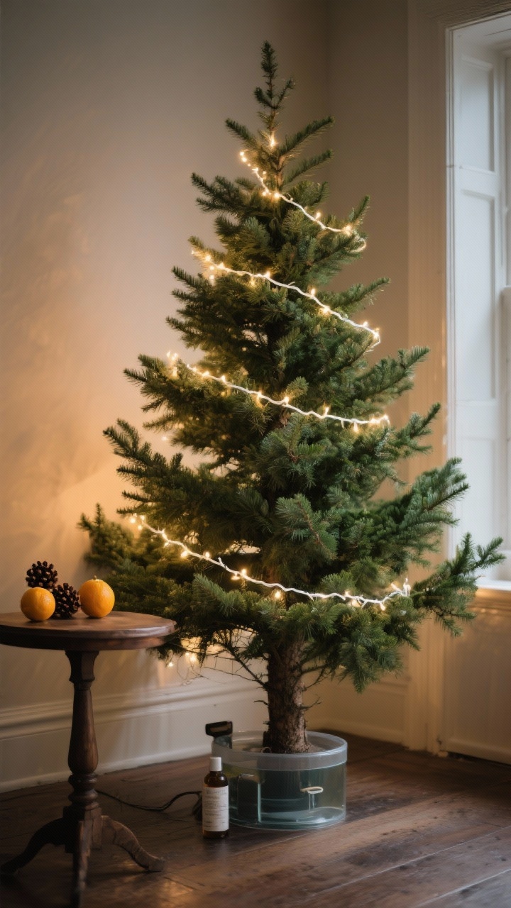 Closeup, corner angle: A real Christmas tree being shaped and lit like a classic movie scene—trimmed branches revealing a clean silhouette with its “good side” facing out. Warm white string lights applied in a triple-wrap method: a strand tucked deep along the trunk, another mid-branch, and a final layer on the outer tips to create dimensional depth. Gentle twinkle setting only, no harsh flicker. A small side table nearby holds citrus-and-clove pomanders for an old-world scent. Visible water reservoir at the base and a discreet tree preservative bottle on the floor. Low, cozy evening lighting emphasizing the warm vintage glow and realistic forest-green needles, photorealistic.