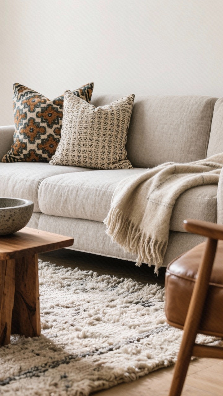 Closeup detail: A tactile mix of textiles on a greige linen sofa—three pillows max: one bold patterned, one small-scale pattern, one solid; a high-quality wool throw neatly draped. In the foreground, a larger-than-expected wool rug anchors front legs of furniture. Materials include nubby linen, smooth leather accent chair edge, warm wood side table, and cool stone bowl. Natural fibers showcased with clear texture, soft daylight, photorealistic.