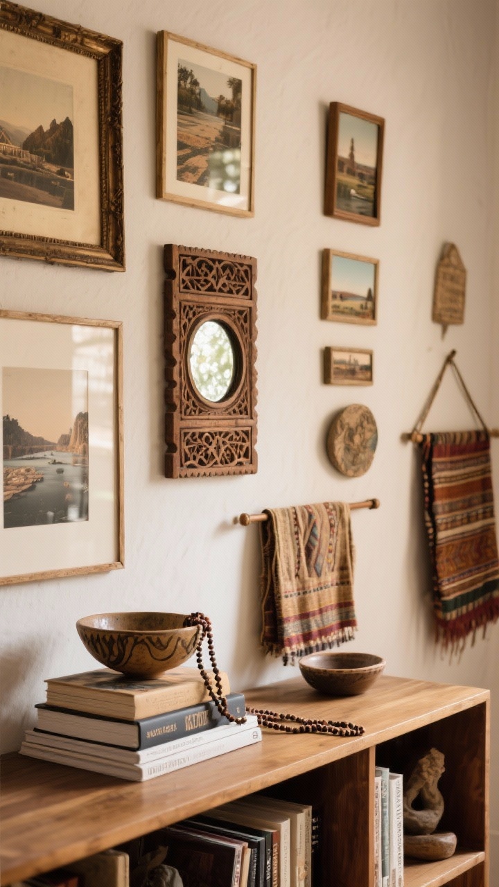 Closeup detail of a curated boho console and gallery wall: mixed frames with travel photos, a small carved wooden panel, a petite round mirror for sparkle; on the console, stacks of coffee table books topped with a handmade ceramic bowl and beaded strands; a folded vintage textile displayed as art on a rod nearby; grouped objects arranged in odd numbers (3s and 5s) with intentional negative space around key pieces; soft, warm ambient light accentuating patina and texture.