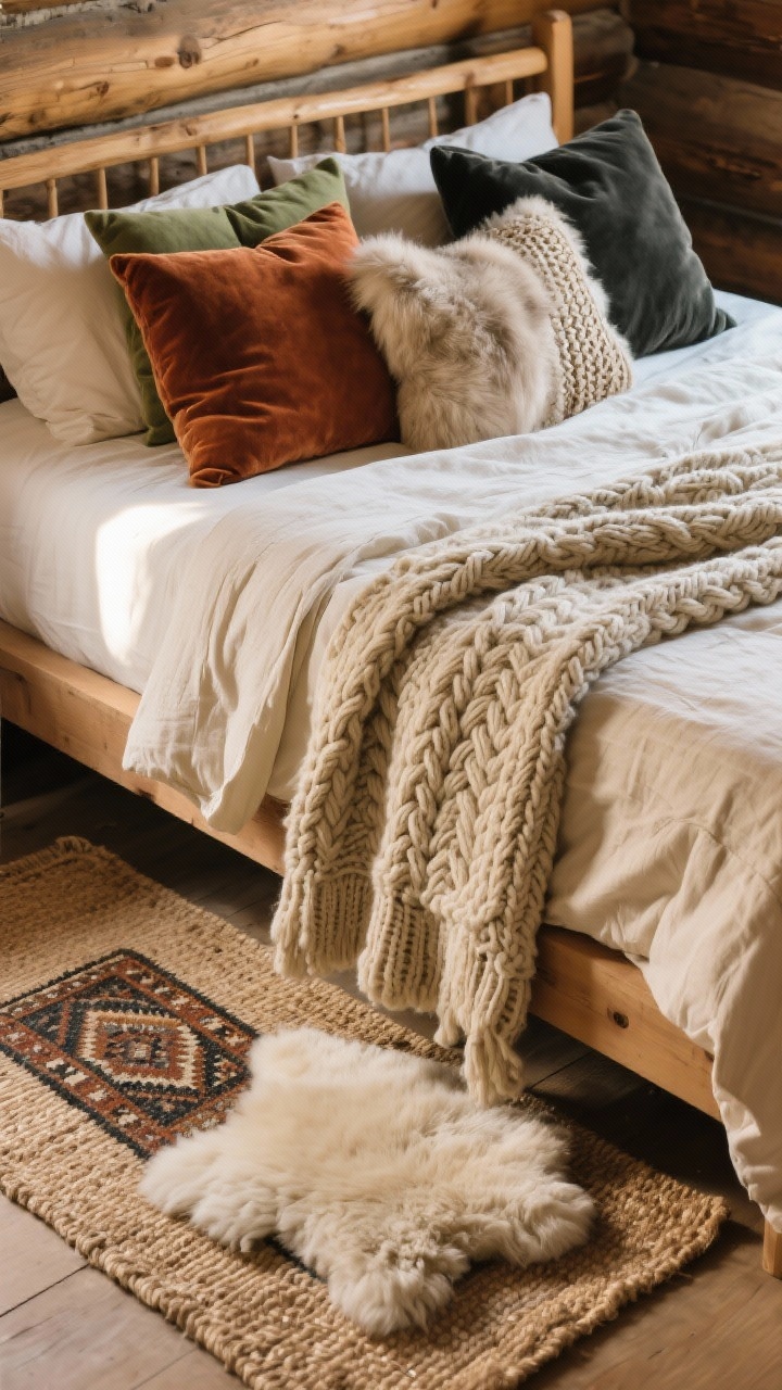 Closeup/detail shot: A layered cabin bedscape showcasing natural linen sheets in cream, topped with a chunky cable-knit wool throw draped across the foot, and an assortment of pillows in faux fur, velvet, and woven textures in earthy tones (sage, rust, oatmeal, charcoal). Include an overhead corner angle capturing the tactile contrast of linen, wool, and velvet. In the foreground, a layered rug combo: a jute base rug with a small vintage kilim accent at the bedside, plus a faux sheepskin peeking out. Warm, soft natural morning light grazing the textures; no people; photorealistic; emphasize rough-and-smooth tension like wood bedframe against soft textiles.