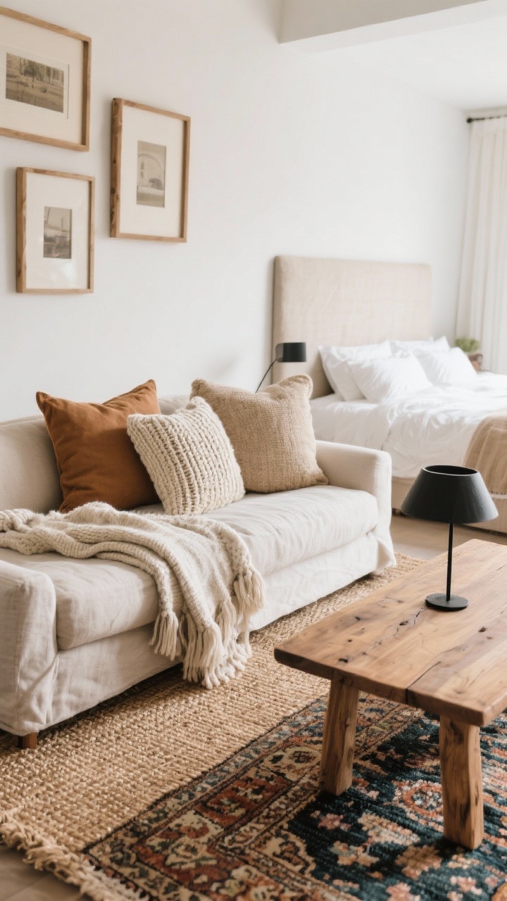 Closeup detail shot: a layered sofa corner showing linen, cotton, and chunky knit throw pillows and blankets in warm neutrals; a jute rug as the base with a patterned vintage wool rug layered on top; a timber coffee table paired with a slim modern black lamp; raw wood picture frames against soft white walls; bedroom-style vignette visible in background with a linen headboard and crisp white percale sheets; balanced mix of rough and smooth textures; soft natural daylight, photorealistic, no people.