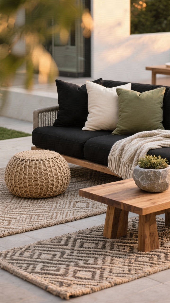 Closeup detail shot: an outdoor lounge vignette showcasing layered textures—two overlapping neutral outdoor rugs with a subtle geometric pattern, a jute pouf, a teak side table with a stone planter, and weather-resistant throw pillows and a blanket in a tight palette of black, cream, olive, and one muted accent color; soft warm evening light, shallow depth of field emphasizing the weave of fabrics and grain of wood; photorealistic, no people.