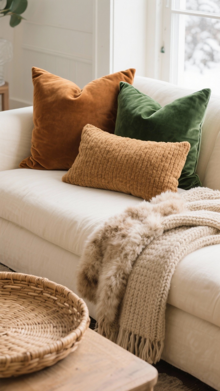 Closeup detail shot: Layered throw pillows on a deep cream linen sofa, featuring two 22-inch velvet cushions in forest green, two 20-inch caramel velvet pillows, and a camel lumbar pillow; a chunky knit throw in oatmeal casually draped, with a faux fur/sherpa throw peeking beneath; a woven rattan tray and basket nearby to balance softness; tight color story of caramel, cream, forest green, and camel; soft winter daylight from a side window highlighting the varied textures; photorealistic, no people.