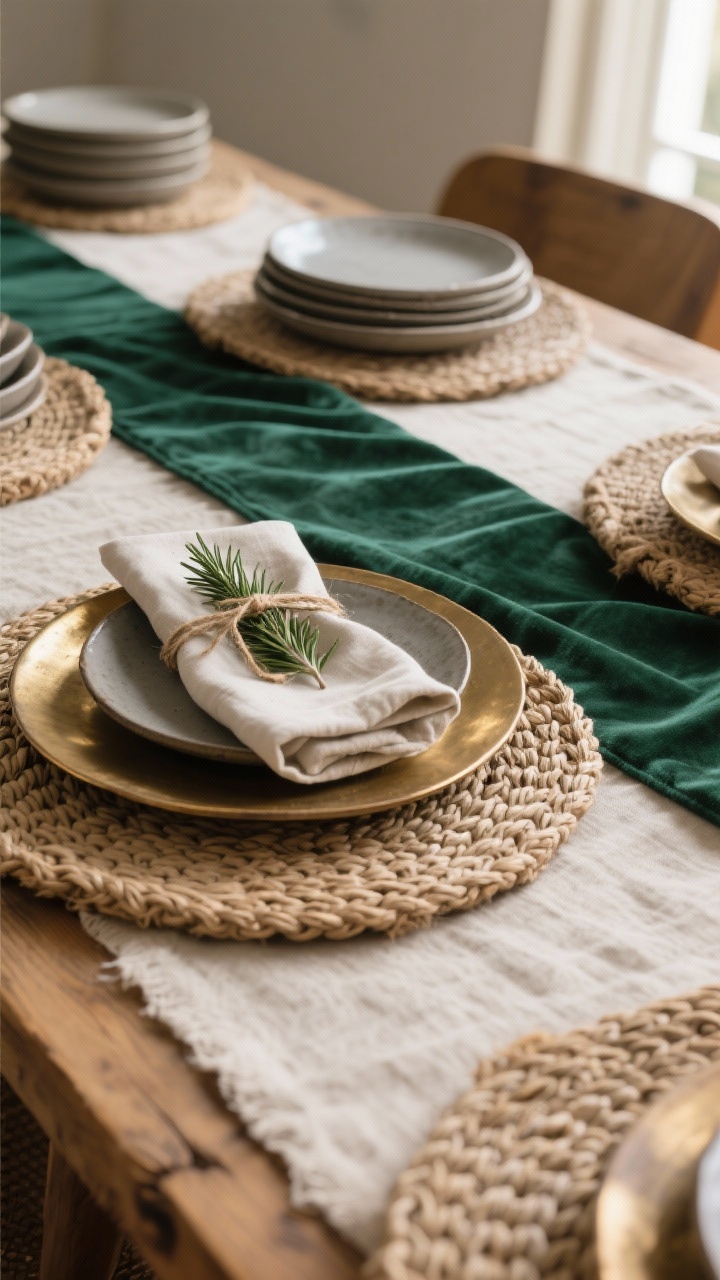 Closeup detail shot of a dining table vignette focused on layered textures: a neutral flax linen runner as the base, with chunky knit rattan and jute woven placemats, matte stoneware plates stacked casually, and a rustic wood board running down the center; for a special-occasion upgrade, a thin emerald velvet runner is angled over the linen, metallic brushed-gold charger plates peek beneath the stoneware, and a simple fabric napkin is tied with twine and a fresh sprig of rosemary; warm natural daylight from the side, shallow depth of field emphasizing tactile weaves and matte finishes; no people, photorealistic.