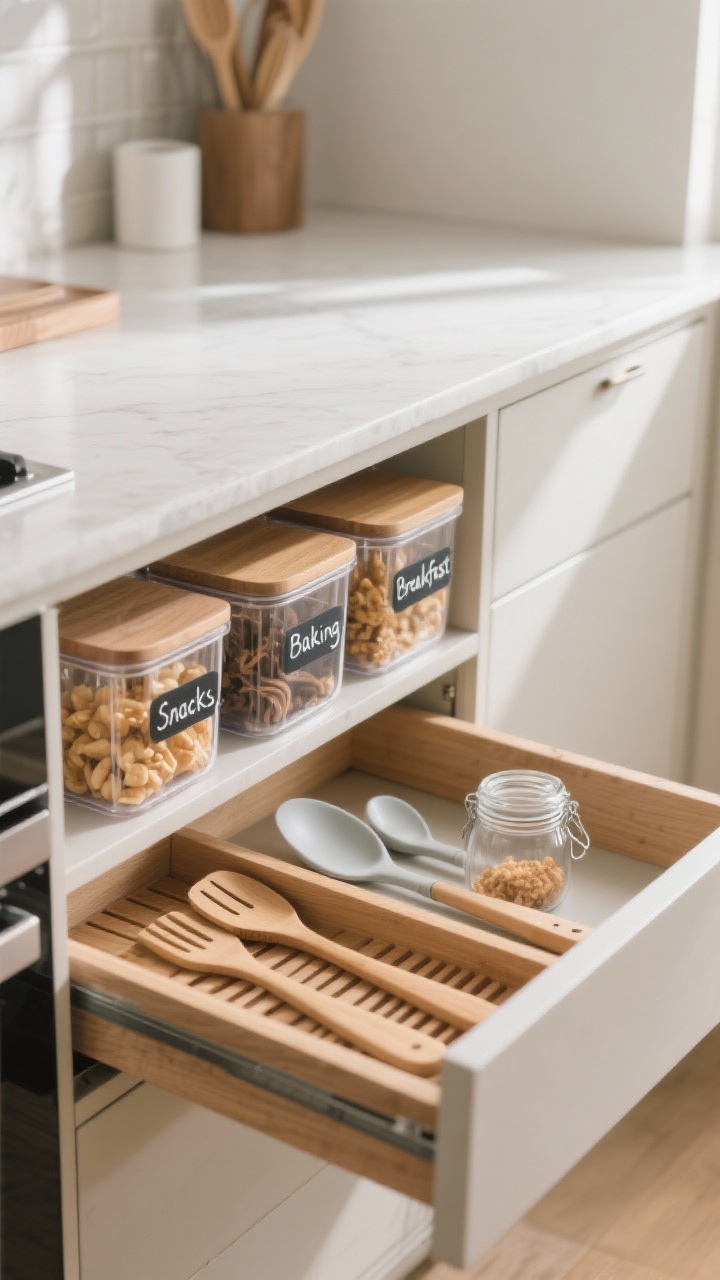 Closeup detail shot of a freshly decluttered kitchen counter with empty surfaces and soft morning light; clear acrylic bins labeled “Snacks,” “Baking,” and “Breakfast” lined up inside an open cabinet, neatly arranged with visible contents; a drawer pulled open showing wooden utensil dividers with only two best spatulas and organized gadgets; pretty handwritten labels on jars using chalk markers; calm, minimal aesthetic emphasizing tidy lines and a luxe feel from the cleared counters; neutral cabinetry with a hint of warmth in the wood grain.