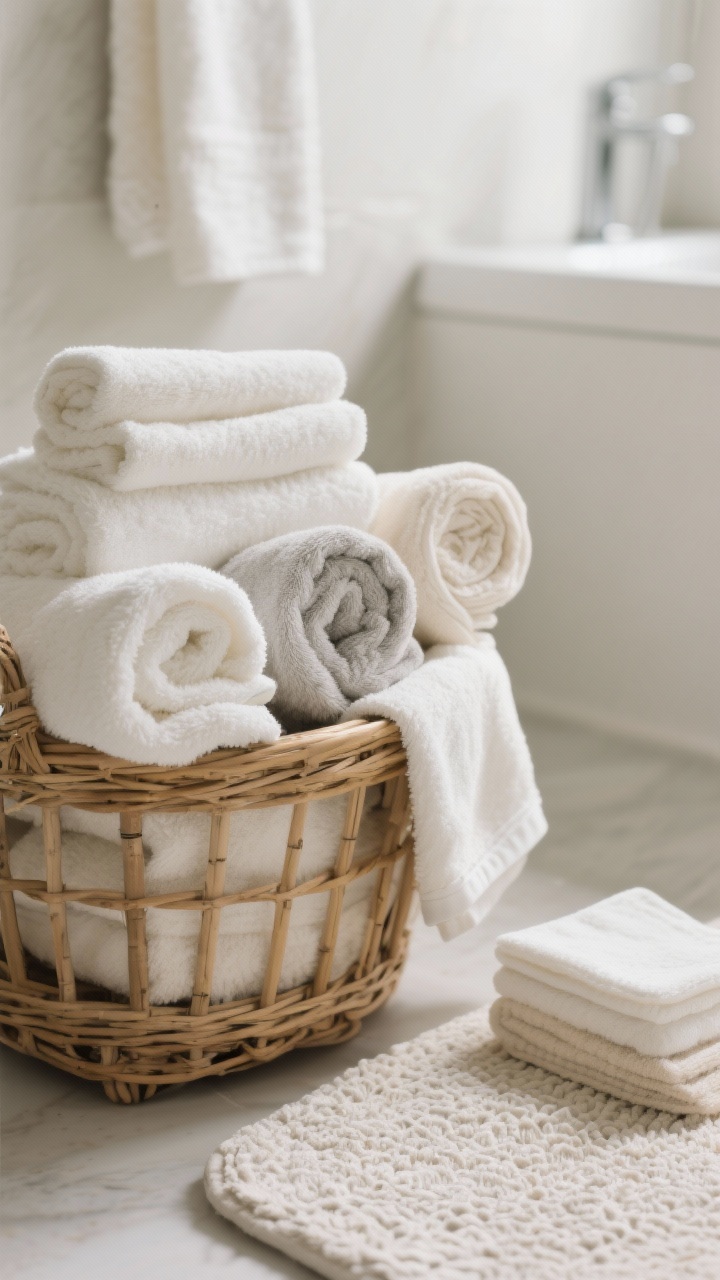Closeup detail shot of a serene bathroom linen vignette: thick, plush cotton and bamboo towels in whites, creams, and soft grays rolled spa-style in a natural wicker basket beside a textured cotton or memory-foam bath mat; matching hand towels and washcloths stacked neatly; soft, diffused morning light highlighting the high GSM towel pile and subtle fibers; neutral, calm palette with matte finishes; no people, photorealistic, shallow depth of field to emphasize softness and absorbent texture.