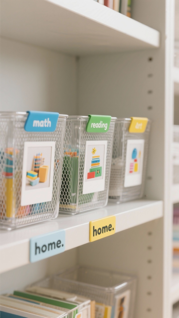 Closeup detail shot of minimalist, cute labeling: a set of clear bins and mesh baskets on open shelving with picture + word labels using photos of the actual items; consistent fonts (one clean for labels, one playful for headers); color-coded bin tabs—blue for math, green for reading, yellow for art. Include shelf-edge labels marking each bin’s “home.” Neutral background, soft natural light, sharp focus on label textures and bin transparency. Photorealistic.
