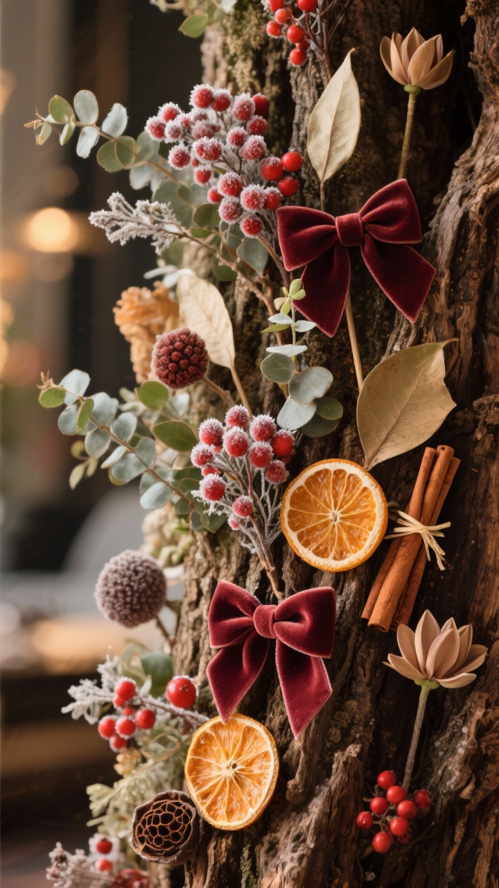 Closeup detail, side angle: A richly textured section of the tree showcasing “designer oomph.” Tucked floral picks and sprays—frosted red berries, eucalyptus sprigs, and a few magnolia leaves—are angled for dimension. Natural accents include dried orange slices, bundled cinnamon sticks, and a lotus pod, tied with slim velvet ribbon in the palette color. Mini bows in matching velvet repeat consistently. Composition balances 3–5 larger textural elements and 8–12 smaller ones, carefully spaced to avoid duplicates clustering. Soft warm lights catch the frosted and velvet textures without harsh glare.