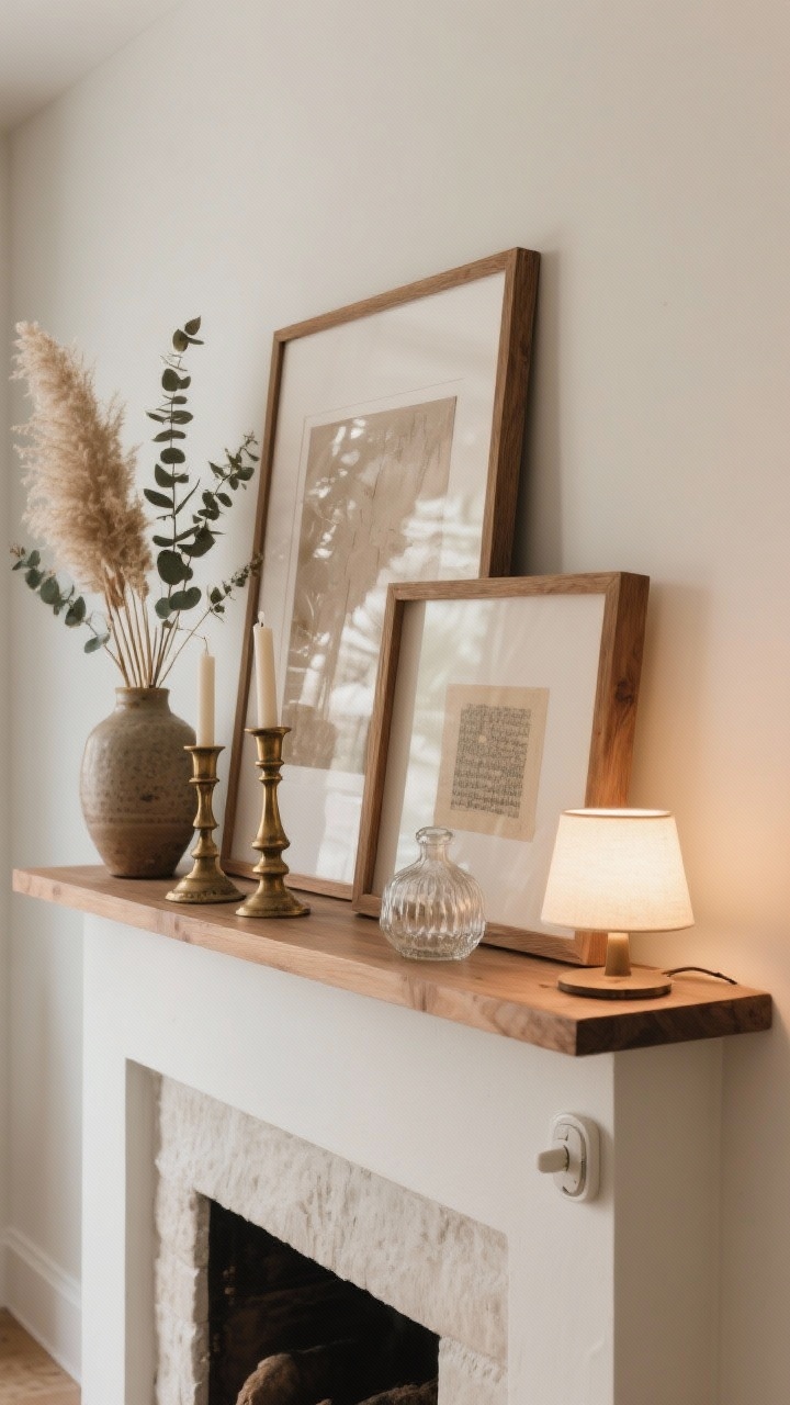 Closeup mantel-and-shelf vignette, straight-on: Hygge-worthy styling with layered art—one larger frame leaned behind a smaller one; mixed materials including warm wood, aged brass candlesticks, ceramic vase, and a small glass piece; dried stems (pampas and eucalyptus) adding life; a petite table lamp on a shelf on a timer casting a soft evening glow; grouped objects in odd numbers with breathing room; photorealistic, no people.
