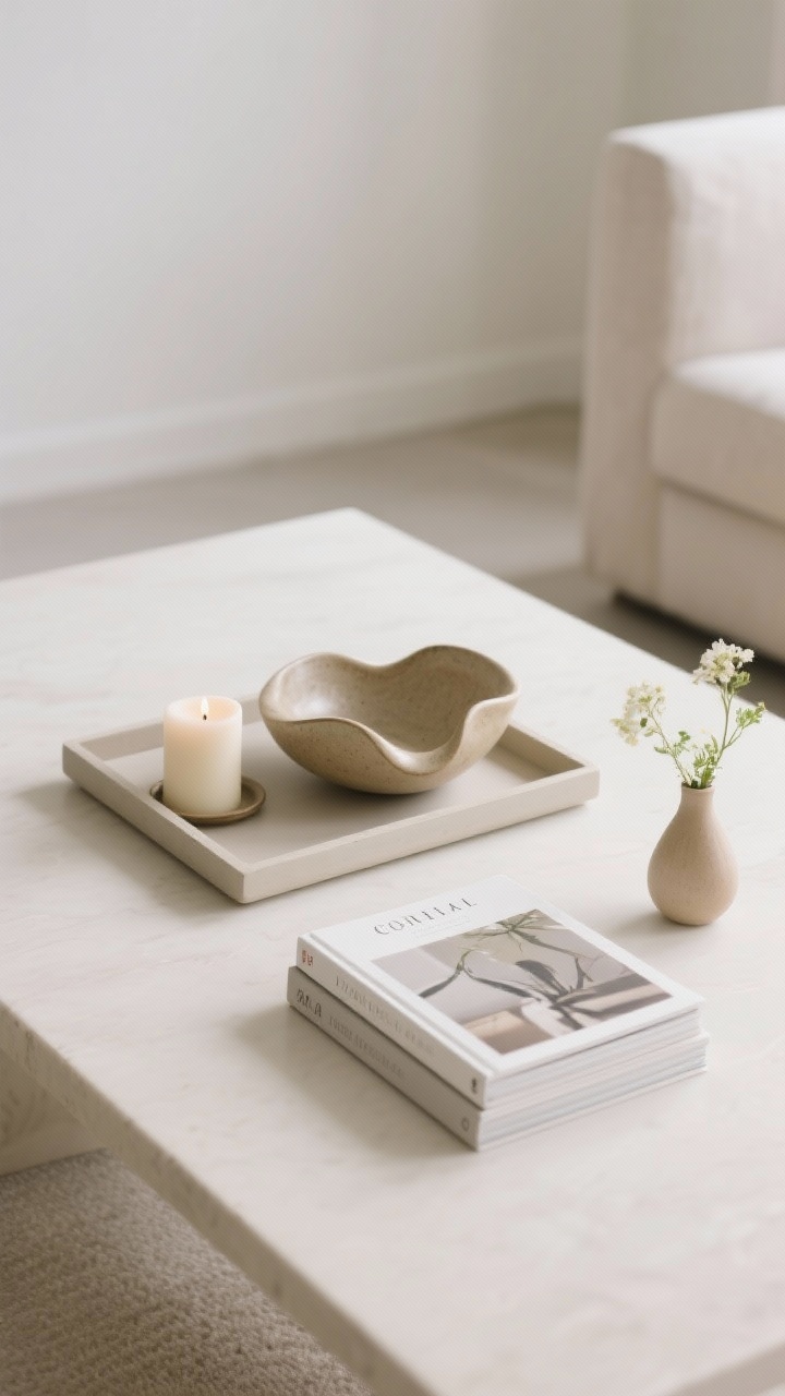 Closeup of a decluttered, styled coffee table emphasizing negative space: a simple tray corralling two artful coffee table books with a candle on top, an organic ceramic bowl with sculptural curves, and a small bud vase holding a delicate floral clipping; ample empty surface around items, soft side lighting for calm, minimalist spring clarity.