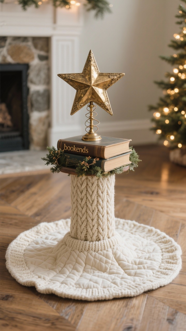 Closeup, straight-on: The base and topper “bookends” of the tree. At the base, a quilted cable-knit tree skirt in cream encircles the stand, with a woven collar partly visible for tailored structure. At the top, an antique-style brass star topper, scaled to match the width of the tree’s top, secured neatly with floral wire—upright and elegant. Gentle warm lights ascend to the crown, highlighting metallic gleam without harsh reflections. Nearby floorboards and a hint of fireplace stone add context, photorealistic.