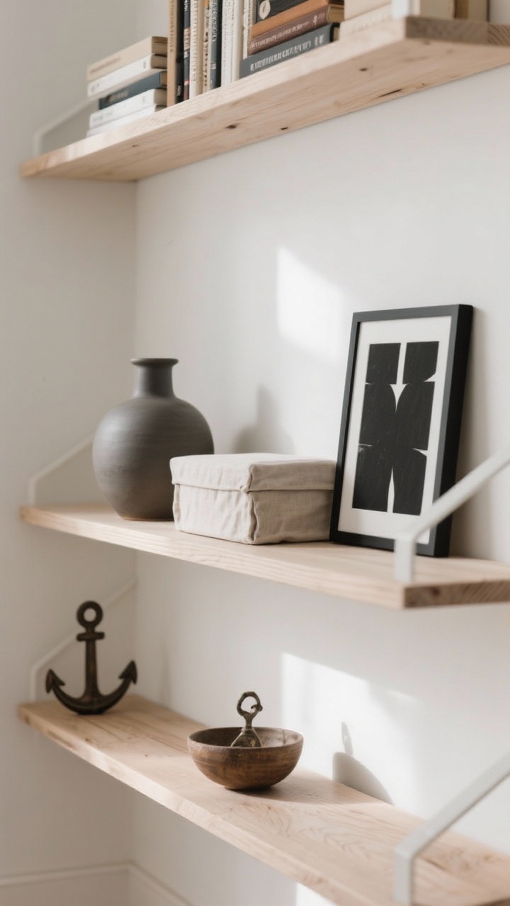 Closeup, straight-on view of a single white oak shelf freshly edited with intentional “anchors”: one chunky matte ceramic vase, a stacked linen-covered box, and a bold black-framed art print leaning; apply the 60/30/10 rule with 60% functional books and boxes, 30% sculptural vases/bowls, and 10% wildcard—a small quirky vintage object; generous negative space between pieces; neutral palette of warm wood, soft whites, charcoal, and muted clay tones; soft natural daylight creating gentle shadow separation; minimal yet inviting, no clutter.