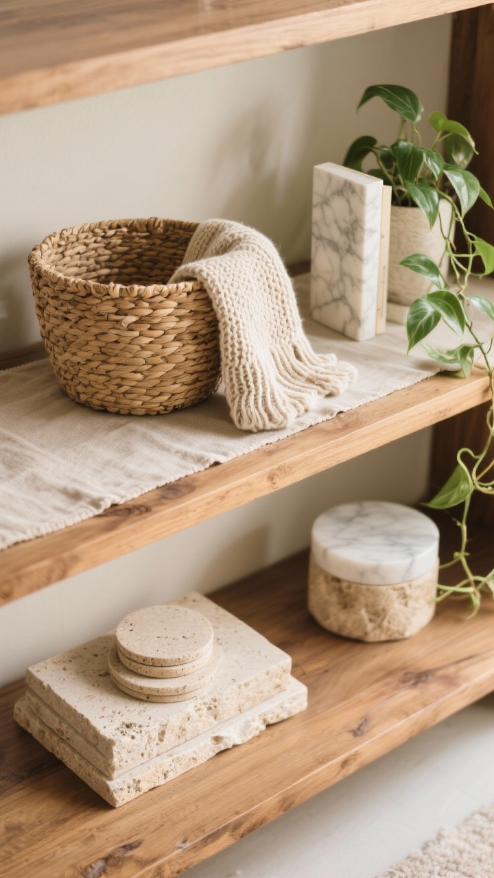 Closeup texture study from an overhead angle of a warm wood shelf surface: a woven basket with a mini knit throw draped over the rim, a folded flax linen runner beneath a raw travertine coaster stack and marble bookends, and a small trailing pothos spilling gently into frame; emphasize tactile contrast—woven fibers, linen weave, rough stone, smooth marble, natural wood grain; color palette of oat, sand, cream, moss green; soft, cozy daylight with mild shadowing to reveal texture.