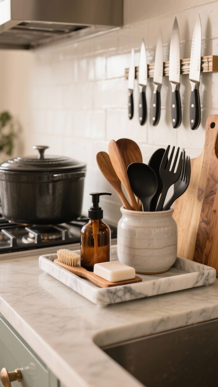 Closeup vignette of display-worthy everyday tools on a counter: a tray corralling a sleek soap dispenser, brush, and hand lotion in refillable amber glass bottles; a marble or acacia cutting board layered beneath for texture; a ceramic utensil crock holding a curated mix of wooden, matte black, and stainless utensils; a handsome Dutch oven resting on the stovetop; a magnetic knife strip on the backsplash with neatly aligned knives; warm, diffused lighting to emphasize materials and finishes.