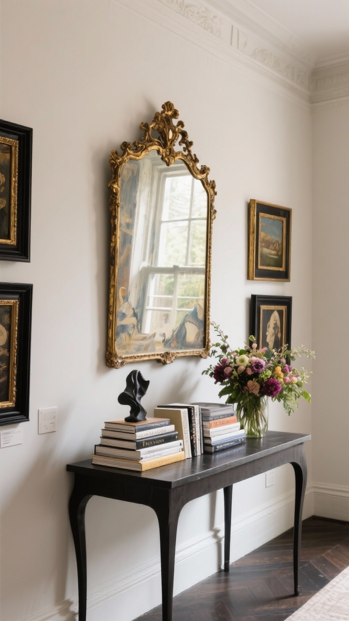 Corner angle medium shot: A curated gallery moment with one large-scale artwork as the focal point, a grand antiqued, gilded mirror placed opposite a window to bounce light, and a console styled with layered tabletop vignettes—stacked art books, a sculptural object, and a floral arrangement; cohesive black and gold frames for a museum-like vibe.