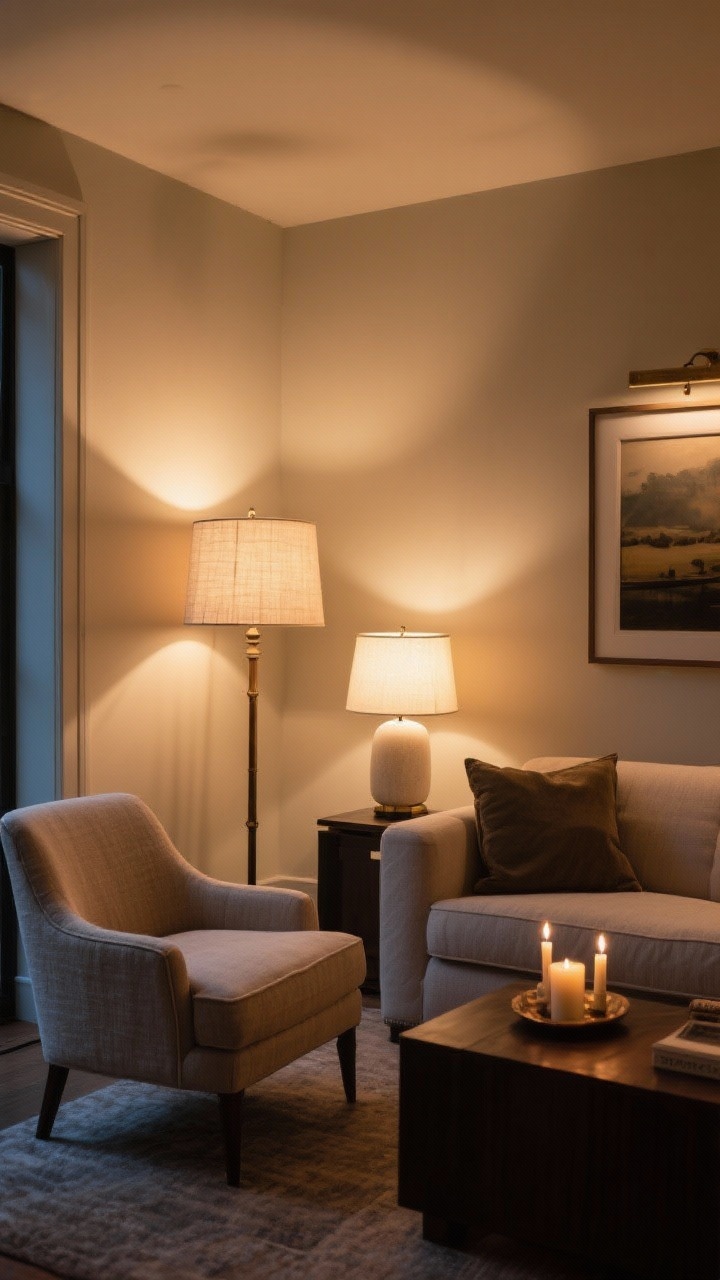 Corner angle medium shot — Boutique-style layered lighting in a cozy seating nook: three light sources minimum. Ambient: a floor lamp with a soft fabric shade casting warm 2700–3000K light; Task: a table lamp near the sofa/reading chair; Accent: a picture light over framed art plus a small candle cluster on a side table. Dimmable, warm-white bulbs, no harsh overhead glare. Textured linen chair, subtle shadows, inviting evening glow.