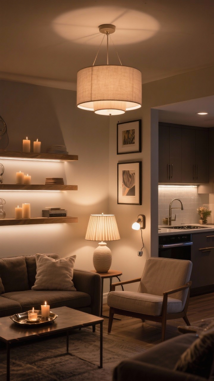 Corner angle medium shot — Boutique-style layered lighting scene: a dimmable ambient ceiling pendant casting a soft base glow, table lamps by the sofa for task light, under-cabinet LED strips in the adjoining kitchen, and picture lights highlighting framed art; accent LED strips along shelves plus candles on a small metallic tray amplifying warm reflections; bulb temperatures set to 2700–3000K for a cozy glow; linen and pleated lamp shades softening the light; a plug-in sconce beside a reading chair as a renter-friendly upgrade; evening mood, warm illumination, photorealistic, no people.