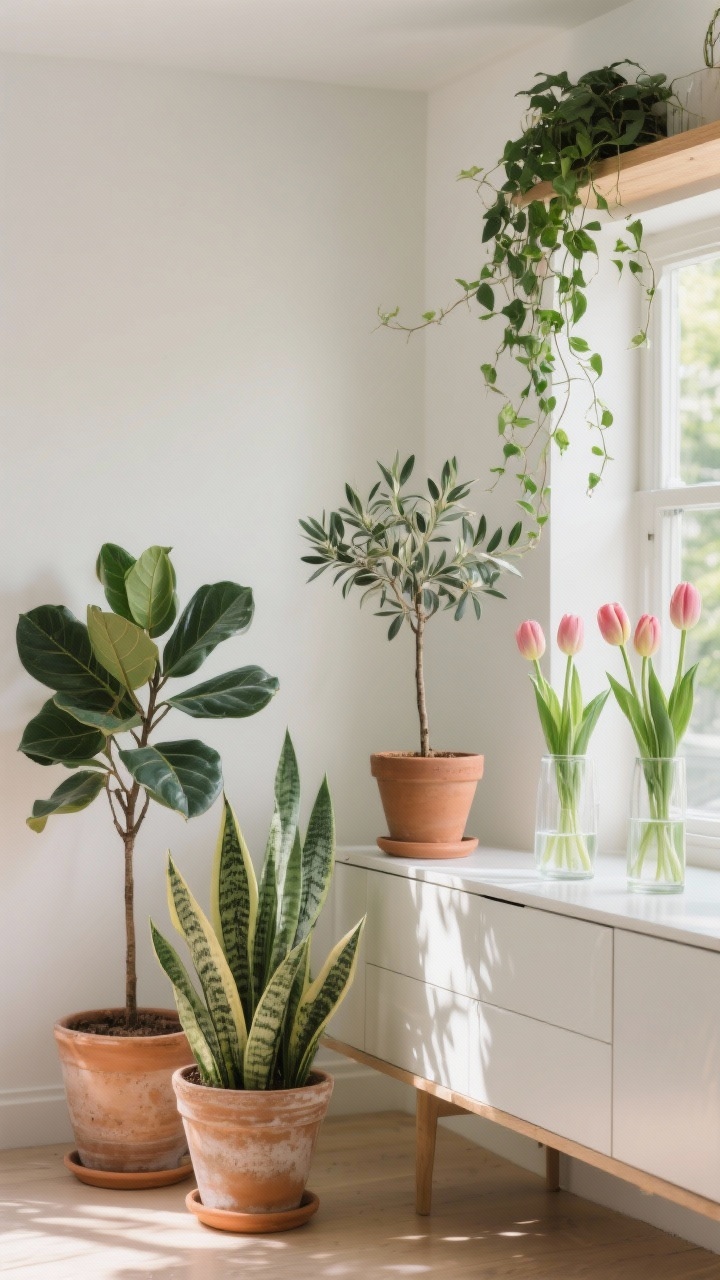 Corner-angle medium shot bringing nature in, styled with restraint: a low-light area with a ZZ plant and snake plant in ceramic and terracotta pots; nearby, a sunlit spot holds a slim olive tree in a clay pot; a shelf with trailing ivy draping softly; fresh tulips in a simple glass vase on the dresser; plants grouped in odd numbers with varied heights; minimal plastic visible; calm, bright spring ambiance; photorealistic.