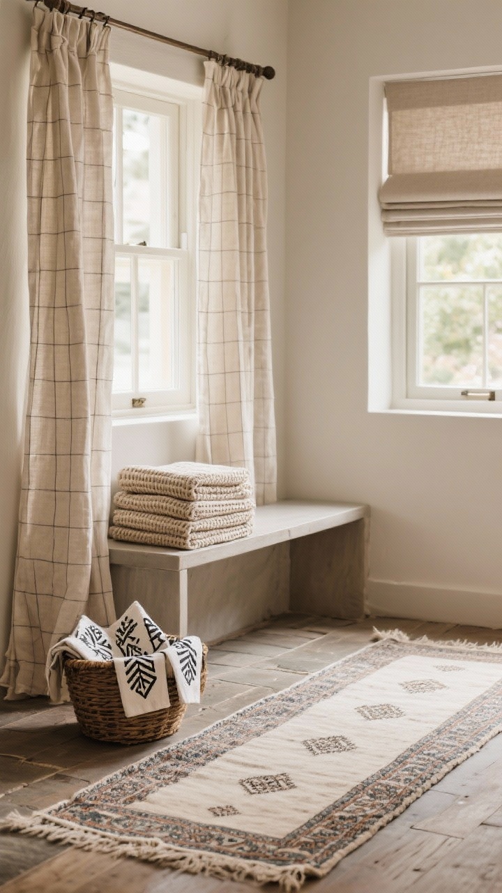 Corner-angle medium shot highlighting textiles: a washable vintage-style Turkish runner on wood or stone floors, linen cafe curtains in soft gingham at a window, a neat stack of textured neutral waffle towels on an open shelf, and block-printed napkins folded in a shallow basket; include a modern roman shade in a nearby nook for contrast; warm natural light softening hard surfaces; tactile fabric detail emphasized.